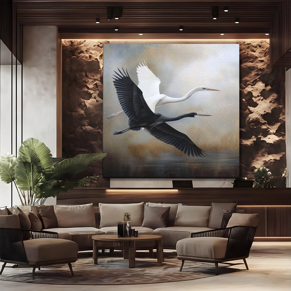 Tablou canvas cu tablou canvas cu doua pasari in zbor, fara rama, pe sasiu de lemn, pe perete intr-un birou